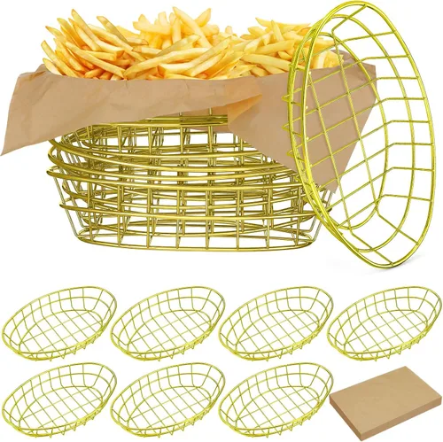 Vista 7 de Hushee 12 cestas de pan de alambre a granel de 9.5 x 6.2 x 2.2 pulgadas, cestas ovaladas de metal para mesa servir fruteros con 50 forros de papel a