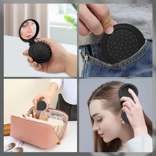 Vista 7 de Mini cepillo de bolsillo plegable negro vintage con espejo y peine para bolso