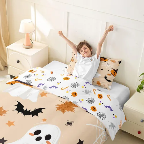 Vista 3 de Erosebridal Funda de edredón de calabaza con diseño de murciélagos para Halloween, juego de ropa de cama con sombrero de bruja, funda de edredón