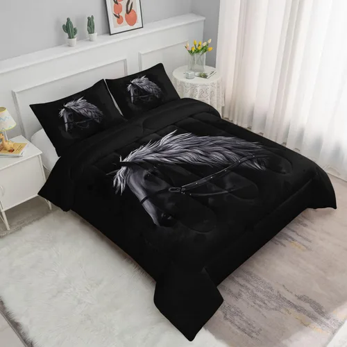 Vista 2 de Datura home - Juego de ropa de cama con edredón estampado de caballo negro, patrón de caballo oscuro, juego de ropa de cama con funda de edredón