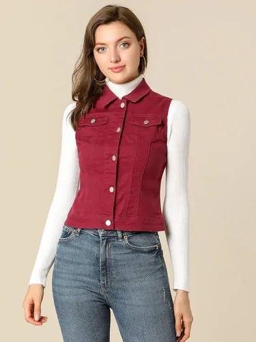 Vista 2 de Allegra K Chaleco de mezclilla lavado con botones para mujer, con bolsillos con solapa en el pecho