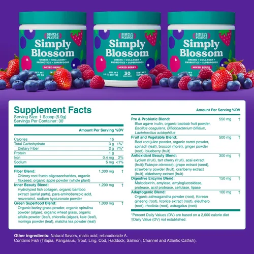 Vista 2 de Simply Blossom Nutrition - Verduras diarias y superalimentos en polvo + colágeno + probióticos para la salud digestiva de las mujeres y alivio