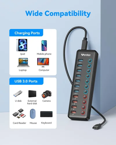 Vista 6 de Wenter Hub USB 3.0 alimentado, divisor de concentrador de 11 puertos