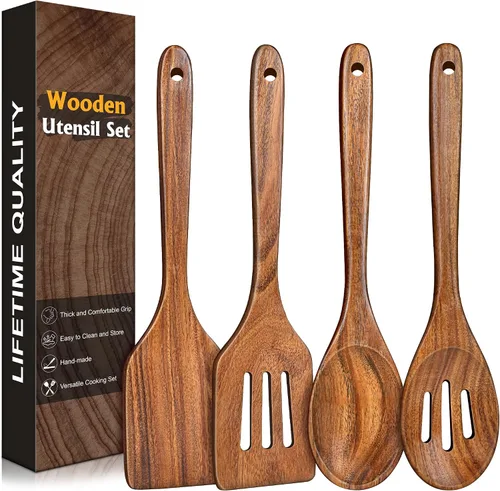 Vista 10 de Espátula de madera para cocinar, espátulas planas de madera de acacia, espátula con mango largo para sartenes antiadherentes, sin arañazos