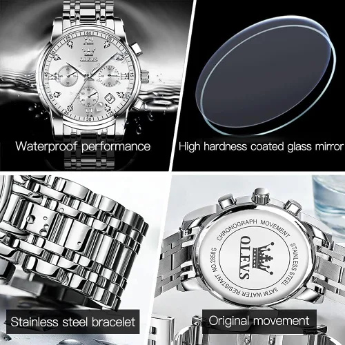Vista 5 de OLEVS Men Multifunction Watch Multi Dial Waterproof Luminous Chronograph Mens Watch with Date Gift for MenStainless Steel Watches for MenClassic Men