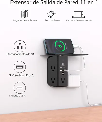 Vista 2 de Extensor de toma de pared con estante y luz nocturna, protector de sobretensiones, cargador de pared USB con 5 salidas USB y 3 puertos USB, 1 salida