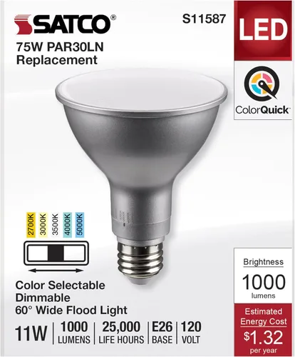 Vista 3 de Satco S11587 (12 unidades) 11 vatios PAR30LN bombillas LED reflectoras E26 base media CCT Select 2700K-5000K 1000 lúmenes 120 voltios 60 haz