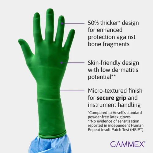 Vista 3 de Ansell GAMMEX PI Ortho - Guantes quirúrgicos desechables sin látex ultra gruesos con microtextura para atención médica, talla 8.5, color verde