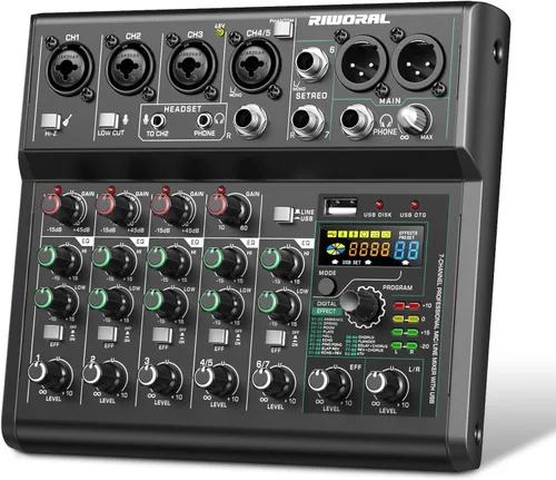Vista 11 de Interfaz de audio de 4 canales, mezclador de DJ, tablero de sonido, efecto DSP de 16 bits, efectos de mezclador de audio USB, +48 V Phantom