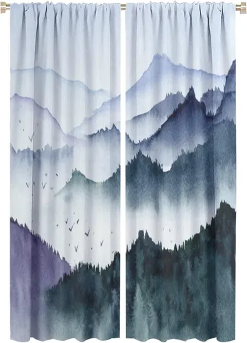 Vista 11 de BAEKJIN Cortinas verdes de bosque brumoso, acuarela, naturaleza, paisaje, plantas, árbol, bolsillo para barra, opacas, tratamiento de ventana