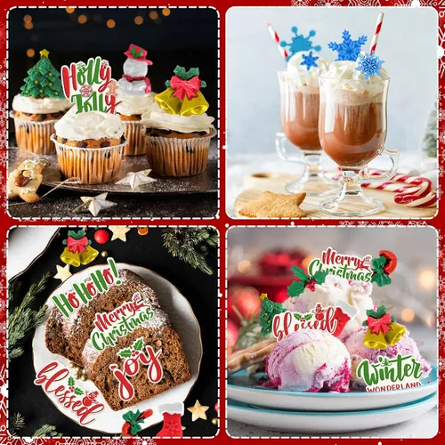 Vista 7 de Whaline 3 moldes de silicona para fondant de Feliz Navidad, diseño de copos de nieve rosados, con palabras bendecidas, alegría, acebo, Jolly