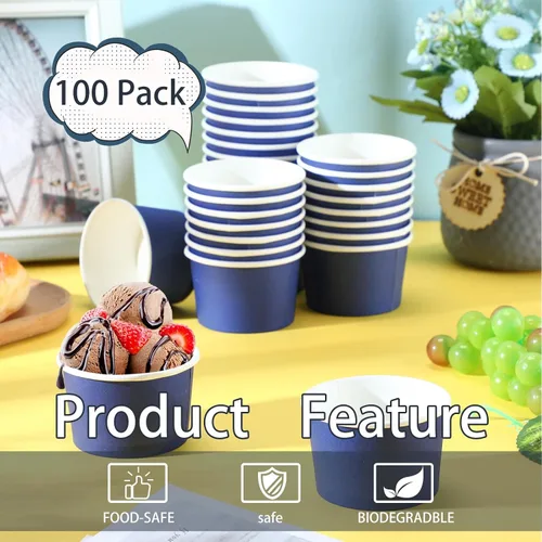 Vista 4 de Didaey 100 cuencos de papel desechables para helados, recipientes de postre para yogur, recipientes desechables para postre de yogur para alimentos