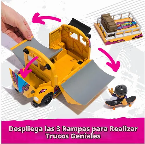 Vista 5 de TECH DECK Sk8 Crew 2-en-1 Autobús Ultra Sk8 Transformable & Almacenamiento con Diapasón y Figura, Minipatinetas Coleccionables, Juguetes para Niños