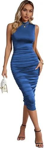 Vista 6 de Umenlele Vestido midi sin mangas para mujer, con cuello alto falso, fruncido, entallado, tubo para discoteca y salidas nocturnas