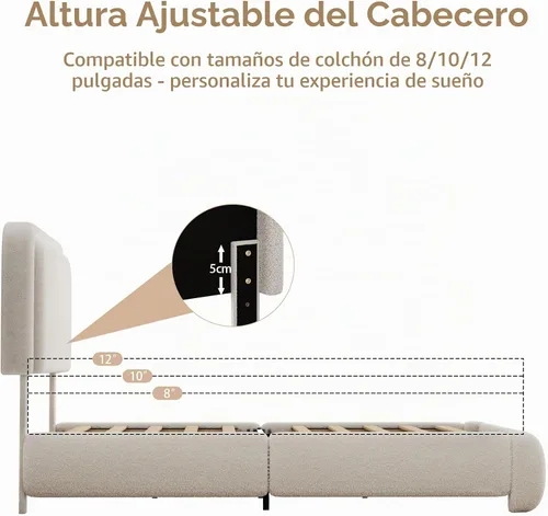 Vista 4 de Marco de cama tamaño Queen con cabecero ajustable, plataforma tapizada en bouclé con listones de madera, esquinas suaves anticolisión, no necesita