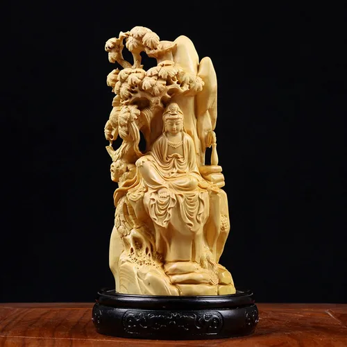Vista 3 de Escultura de mesa, escultura de Buda, estatua de boj de 6.3 in, escultura de Guanyin, tallado de madera, estatua de Buda Guan Yin, decoración