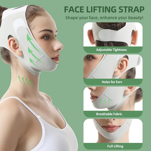 Vista 10 de Cinturón de elevación facial reutilizable, máscara de elevación de línea en V con correa para la barbilla para dormir, ejercitador de mandíbula