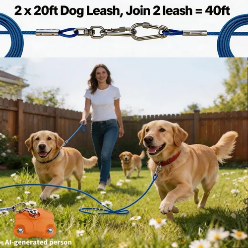 Vista 2 de Estaca de perro resistente para exterior, patio y camping con cables de 2x20 pies para perros, capacidad de 200 libras, doble giro de 360°, anclaje