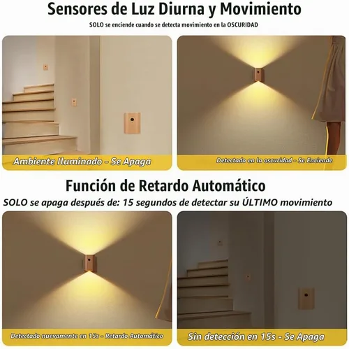 Vista 3 de LANDGOO Luz nocturna de madera de fresno blanco con sensor de movimiento inteligente - Luz de escalera recargable de 2700K LED para dormitorio