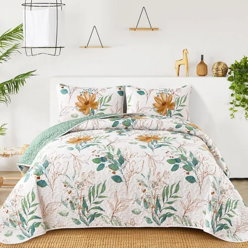 Vista 10 de Anibedding Juego de edredón botánico tamaño Full, 3 piezas reversible, elegante patrón de hojas azules, cubrecama colcha de microfibra suave