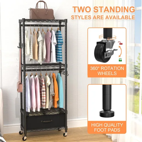 Vista 5 de VyGrow Perchero de Ropa, Perchero de Ropa para Colgar Ropa, Sistema Organizador de Armario Ajustable de 4 Niveles con Cajón Varillas Dobles