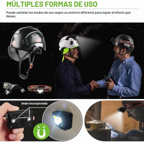Vista 3 de GREEN DEVIL Casco de seguridad con luz recargable para faros delanteros y forro para casco, correa para barbilla, para hombre, ventilada