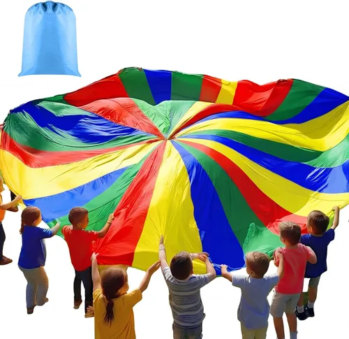 Vista 9 de Arrowbash Juega paracaídas, gran paracaídas arcoíris con asas, tienda de campaña de juguete multicolor cooperativa, juegos de juego en grupo