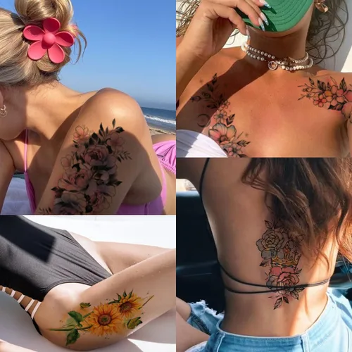 Vista 3 de CHARLENT Tatuajes temporales de flores de acuarela para mujeres y niñas, 10 hojas grandes, tatuajes falsos florales sexys para mujeres, arte