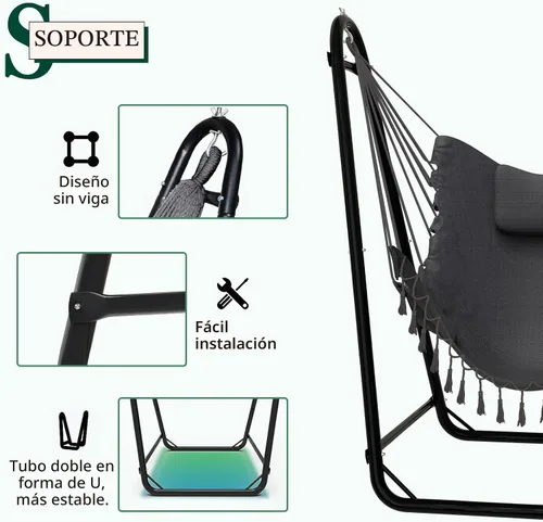 Vista 4 de Silla hamaca única en forma de U con soporte, resistente y resistente al óxido, silla hamaca de algodón gris gratis