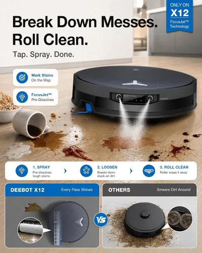 Vista 3 de ECOVACS DEEBOT X12 OMNICYCLONE Robot Aspiradora y trapeador, FocusJet Pre-Spray, estación sin bolsa, rodillo OZMO autolavado instantáneo, succión