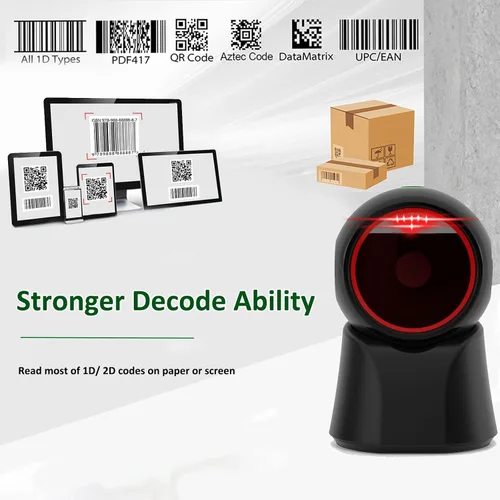 Vista 2 de Escáner de código de barras 1D 2D, escáner QR manos libres con cable USB, lector de código de barras omnidireccional compatible con escaneo