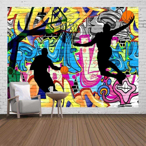 Vista 8 de Ine Ive Tapiz deportivo de baloncesto con graffiti nostálgico, póster de pared de arte callejero de 40 x 30 pulgadas para niños, silueta de tiro