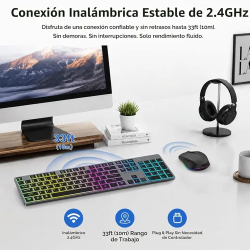 Vista 3 de Teclado inalámbrico silencioso y mouse retroiluminado, combo de teclado plano silencioso recargable, mouse Jiggle, mouse delgado inalámbrico de 2.4