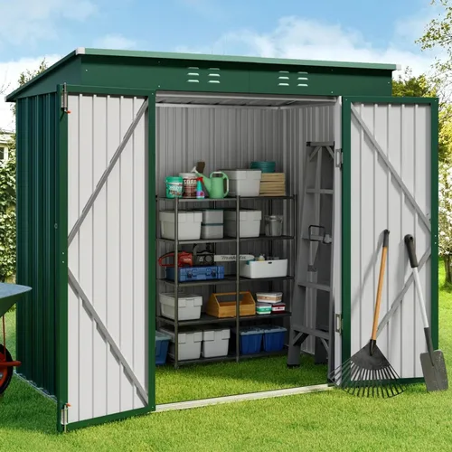 Vista 10 de Gizoon Cobertizo de almacenamiento para exteriores de 8 x 6 pies, cobertizo de jardín de metal galvanizado con puertas dobles con cerradura, Marrón