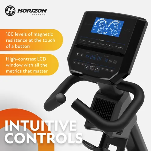 Vista 4 de Bicicleta reclinada Horizon Fitness 5.0R, para fitness y cardio, bicicleta de ciclismo con resistencia magnética y Bluetooth, asiento cómodo