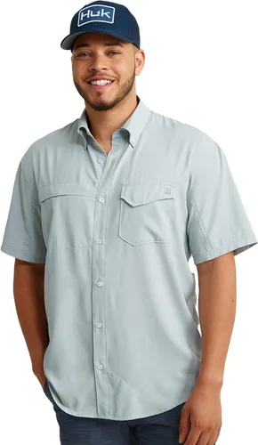 Vista 10 de HUK Men's Tide Point Kc Scott Original Artwork Short Sleeve Shirt, Fishing Button Down Negro