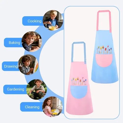 Vista 7 de Paquete de 2 delantales de pintura para niños, impermeables, delantales ajustables para niñas y niños, delantales artísticos con bolsillos