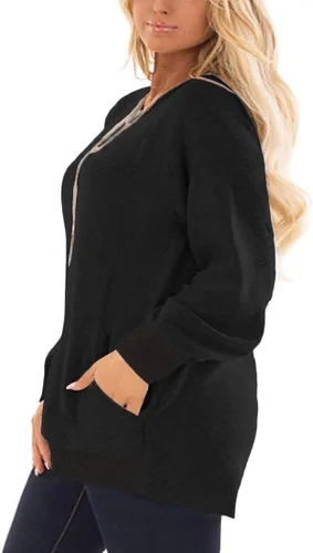 Vista 2 de DOLNINE Sudaderas de talla grande para mujer, con bloques de color, manga larga, con bolsillo 01_ negro