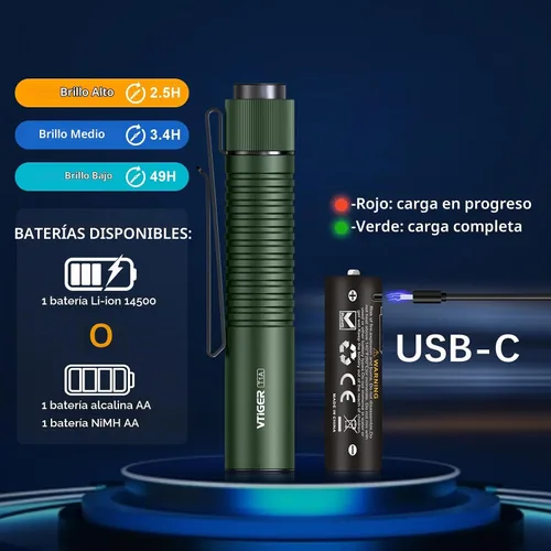 Vista 6 de VTIGER T1A Mini Linterna EDC de Bolsillo con Clip, 1300 Lúmenes Linterna Compacta AA Recargable LED Pequeña, Interruptor de Cola Súper Brillante