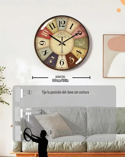 Vista 5 de [Usado] Reloj de pared vintage de 12 pulgadas con esfera de números romanos, reloj de cuarzo, silencioso, sin tic-tac, con esfera de vidrio B