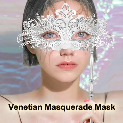 Vista 6 de Máscara de baile de máscaras con palo para mujeres y hombres, máscara de metal veneciano para fiesta de graduación