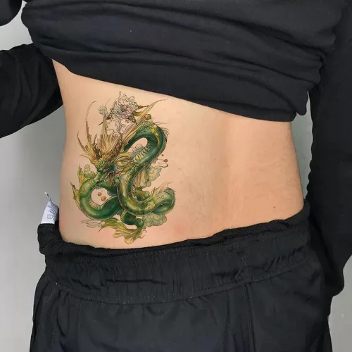 Vista 6 de 2 hojas brazo muslo impermeable falso tatuaje temporal etiqueta engomada verde dragón chino