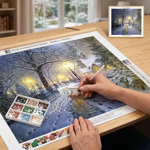Vista 2 de Kit de pintura de diamantes 5D por números, escena de nieve de invierno de árbol, kits de punto de cruz de gran tamaño para adultos, diamantes