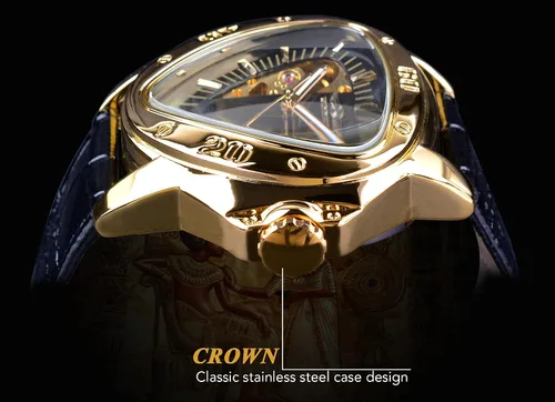 Vista 6 de Winner - Reloj de pulsera mecánico de moda triangular, esfera de carreras triangular, esfera de esqueleto dorado, movimiento automático, diseño