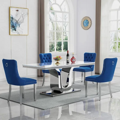 Vista 16 de Juego de mesa de comedor de mármol sintético de oro blanco de 70 pulgadas para 4, 5 piezas rectangulares de cocina y comedor con base de acero
