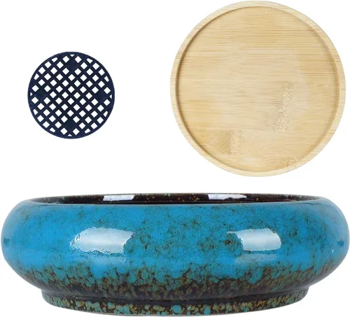 Vista 2 de ARTKETTY Macetas para suculentas – Macetas grandes para suculentas con bandeja de drenaje, 1 maceta rectangular + 1 maceta redonda para bonsái