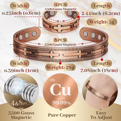 Vista 4 de Pulseras de cobre Auramag para mujeres, anillo de cobre y pulsera magnética con imanes de 3500 Gauss, joyería de cobre 99,99% pura para mujeres