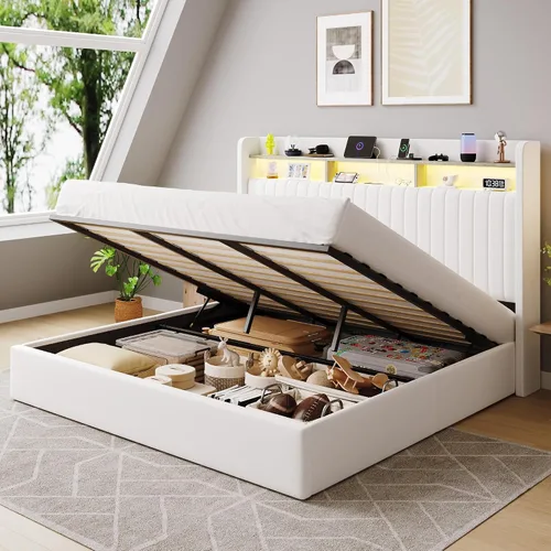 Vista 14 de SHA CERLIN - Estructura de cama de tamaño matrimonial con almacenamiento elevado/Luces LED/Estación de carga/Cabecero con estantes de 2 niveles/USB