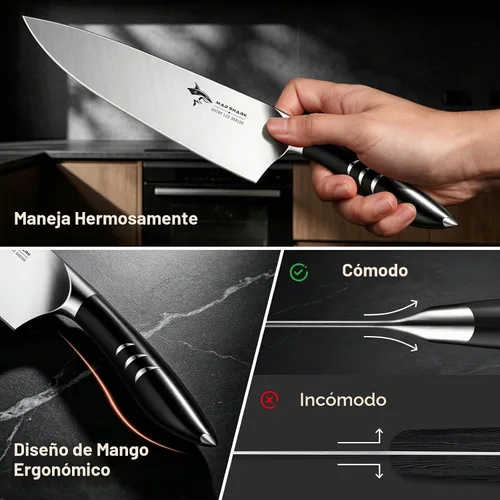 Vista 8 de MAD SHARK Cuchillo de chef de 8 pulgadas, cuchillo de cocina de alto carbono de acero inoxidable con mango ergonómico, cuchillo de cocina con caja