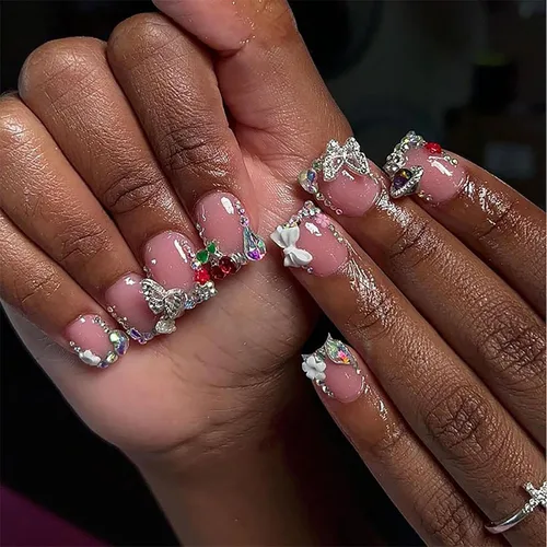 Vista 46 de Uñas postizas cortas cuadradas MABKJLF, uñas francesas falsas con gradiente, uñas de cobertura completa, flores blancas, uñas falsas con diseños